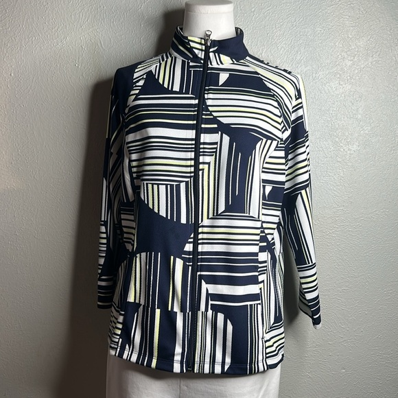 WEEKENDS By Chico’s Navy Linear Dot Striped Knit Wrinkle Free Zip Front Jacket M - Picture 6 of 17